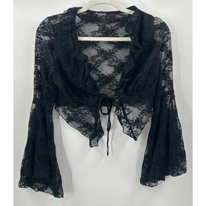 Mixed Threads Black Lace Bell Sleeve Size Large Bolero Fairy Coquette Sheer Top